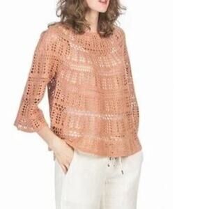 Leo & Sage Small Crochet Boho Top Blouse Peach Cotton Pullover Bell Sleeves